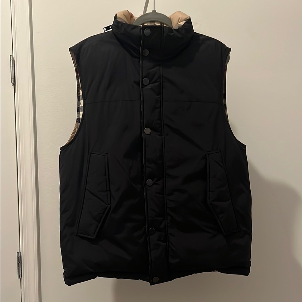 Burberry Reversible Black Insulated Quilted Vest with Full Zipper and Buttons